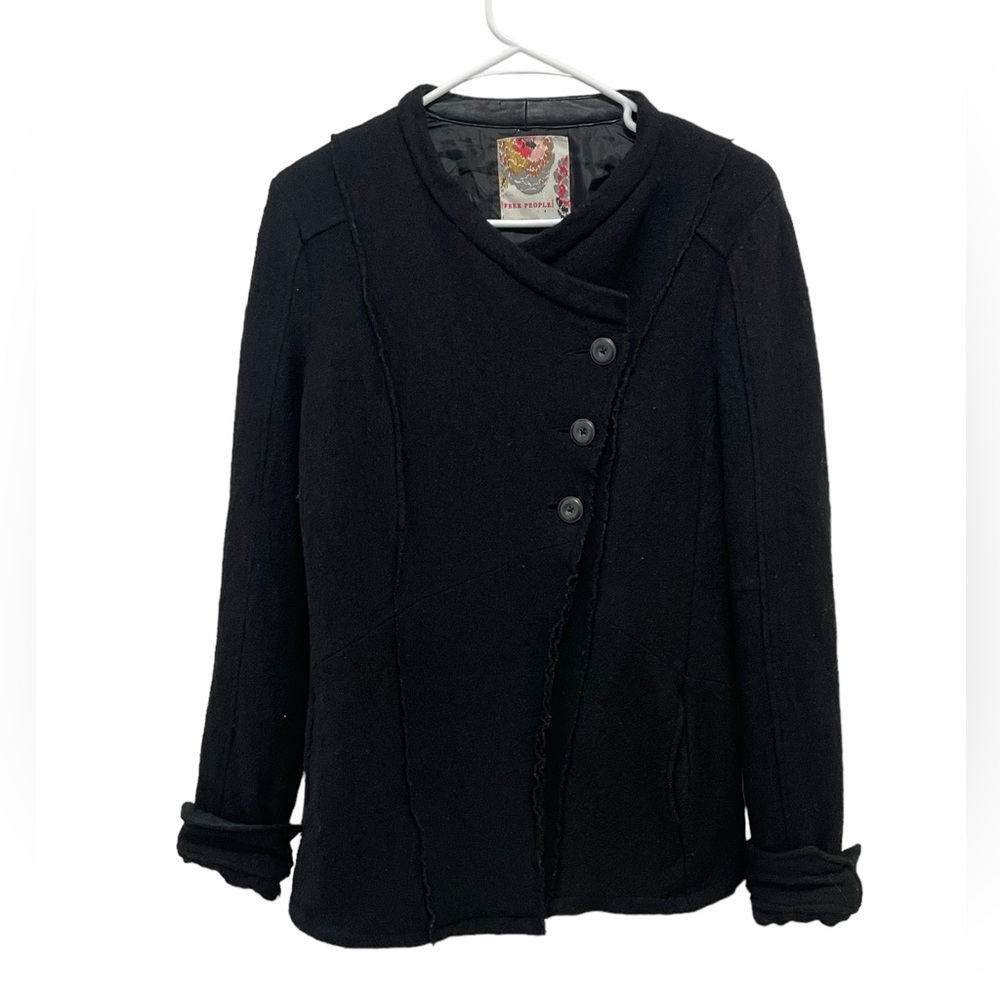 Free People Black Asymmetrical Wool Blend Jacket Boho Military Coat Size 4